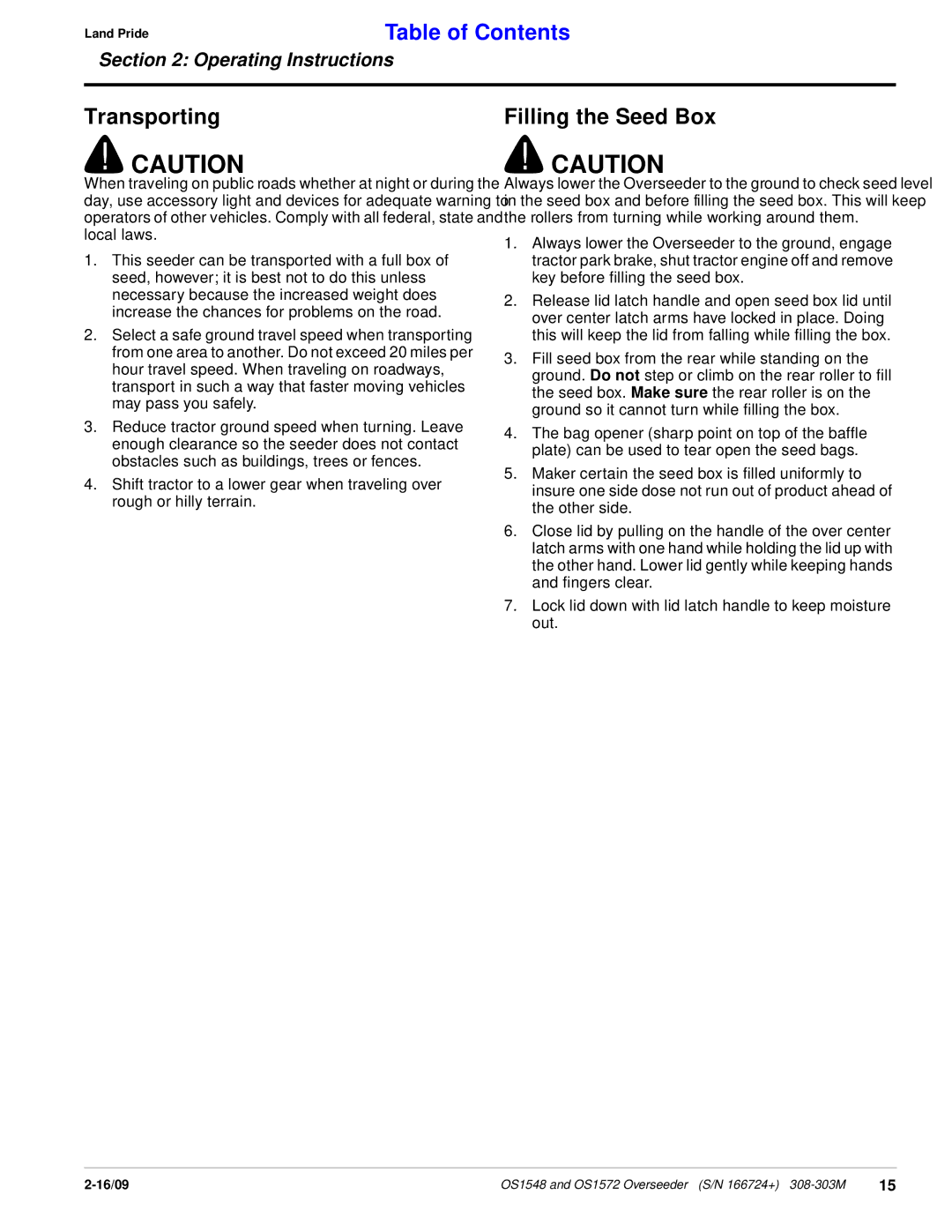 Land Pride OS1572, OS1548 manual Transporting Filling the Seed Box 