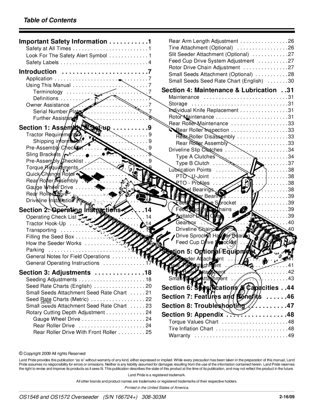 Land Pride OS1548, OS1572 manual Table of Contents 