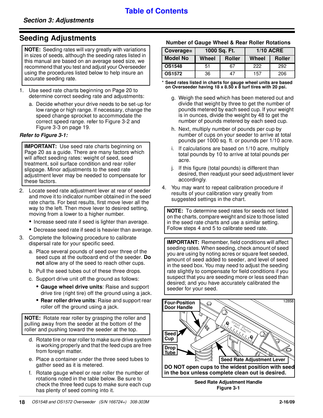 Land Pride OS1548, OS1572 manual Seeding Adjustments, Number of Gauge Wheel & Rear Roller Rotations 