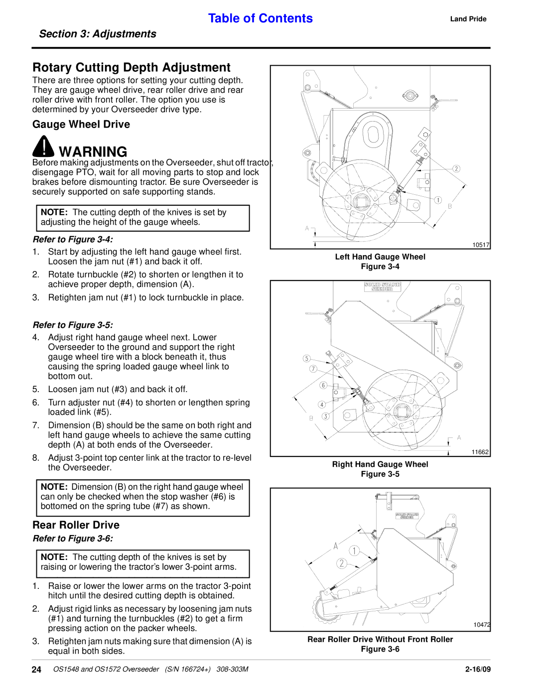 Land Pride OS1548, OS1572 manual Rotary Cutting Depth Adjustment, Gauge Wheel Drive, Rear Roller Drive 