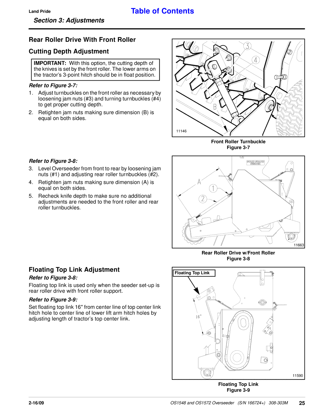 Land Pride OS1572, OS1548 manual Floating Top Link Adjustment, Front Roller Turnbuckle, Rear Roller Drive w/Front Roller 