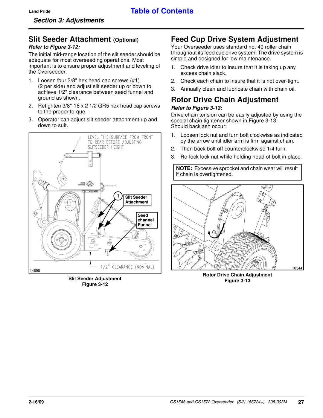 Land Pride OS1572, OS1548 Slit Seeder Attachment Optional, Feed Cup Drive System Adjustment, Rotor Drive Chain Adjustment 