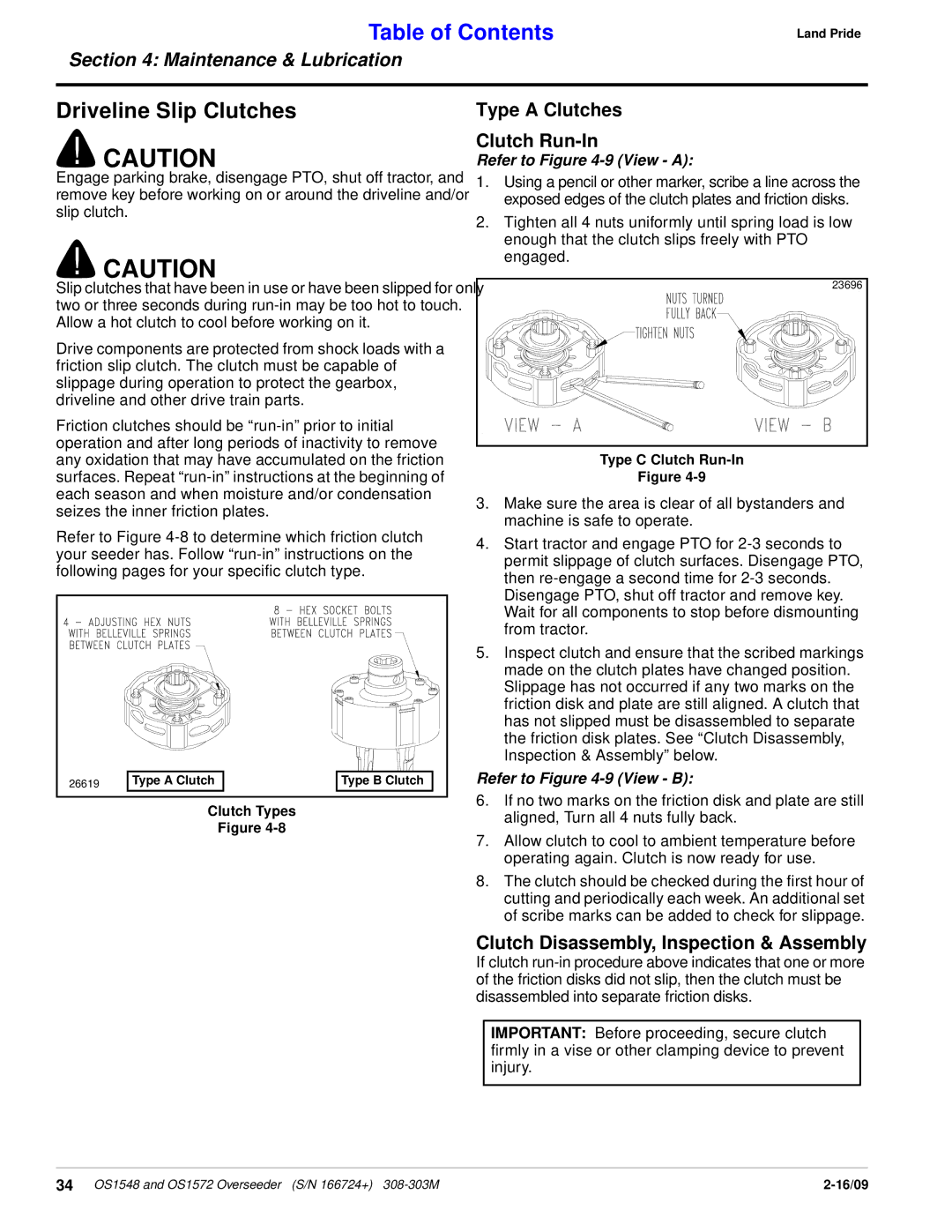 Land Pride OS1548 manual Driveline Slip Clutches, Type a Clutches Clutch Run-In, Clutch Disassembly, Inspection & Assembly 