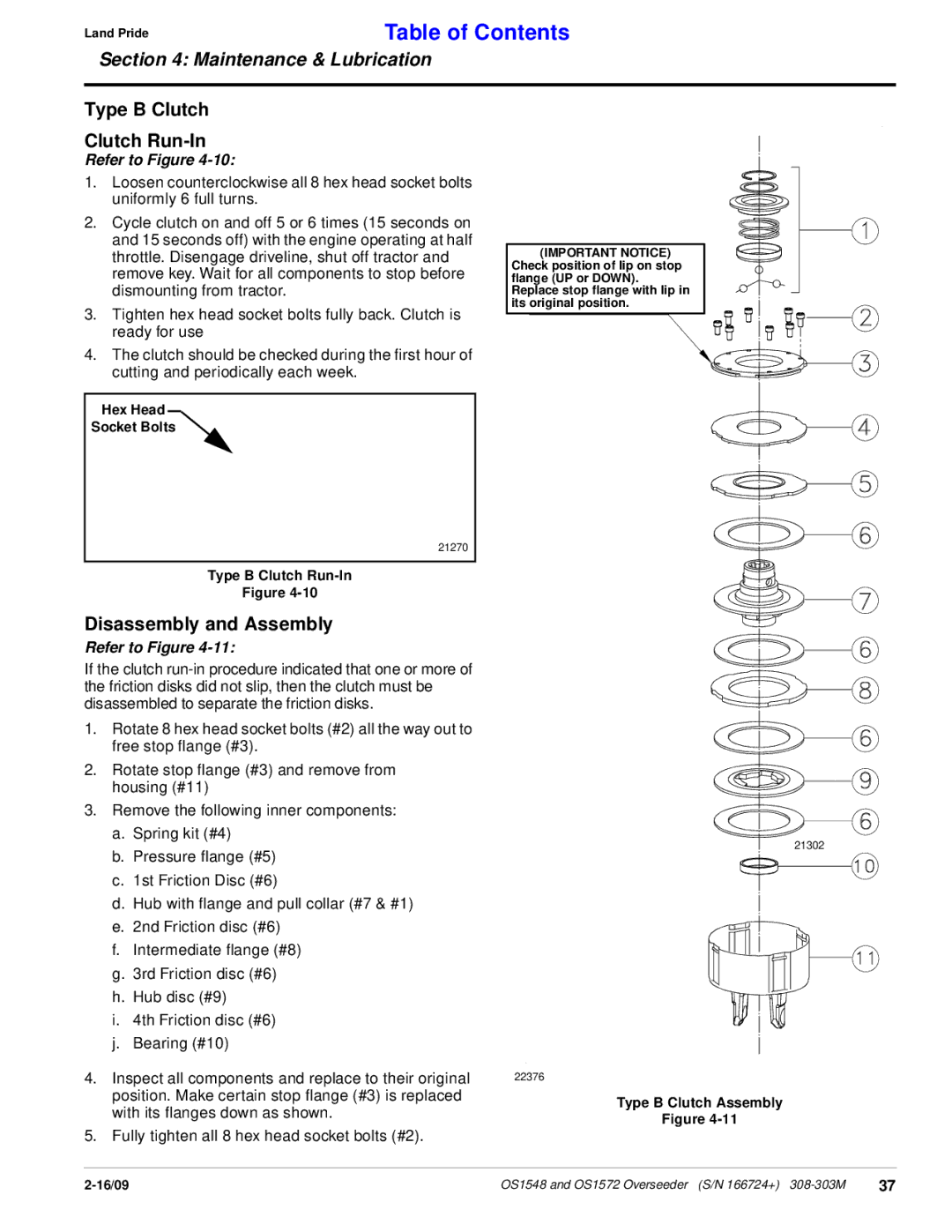 Land Pride OS1572 manual Type B Clutch Clutch Run-In, Disassembly and Assembly, Hex Head Socket Bolts, Type B Clutch Run-In 