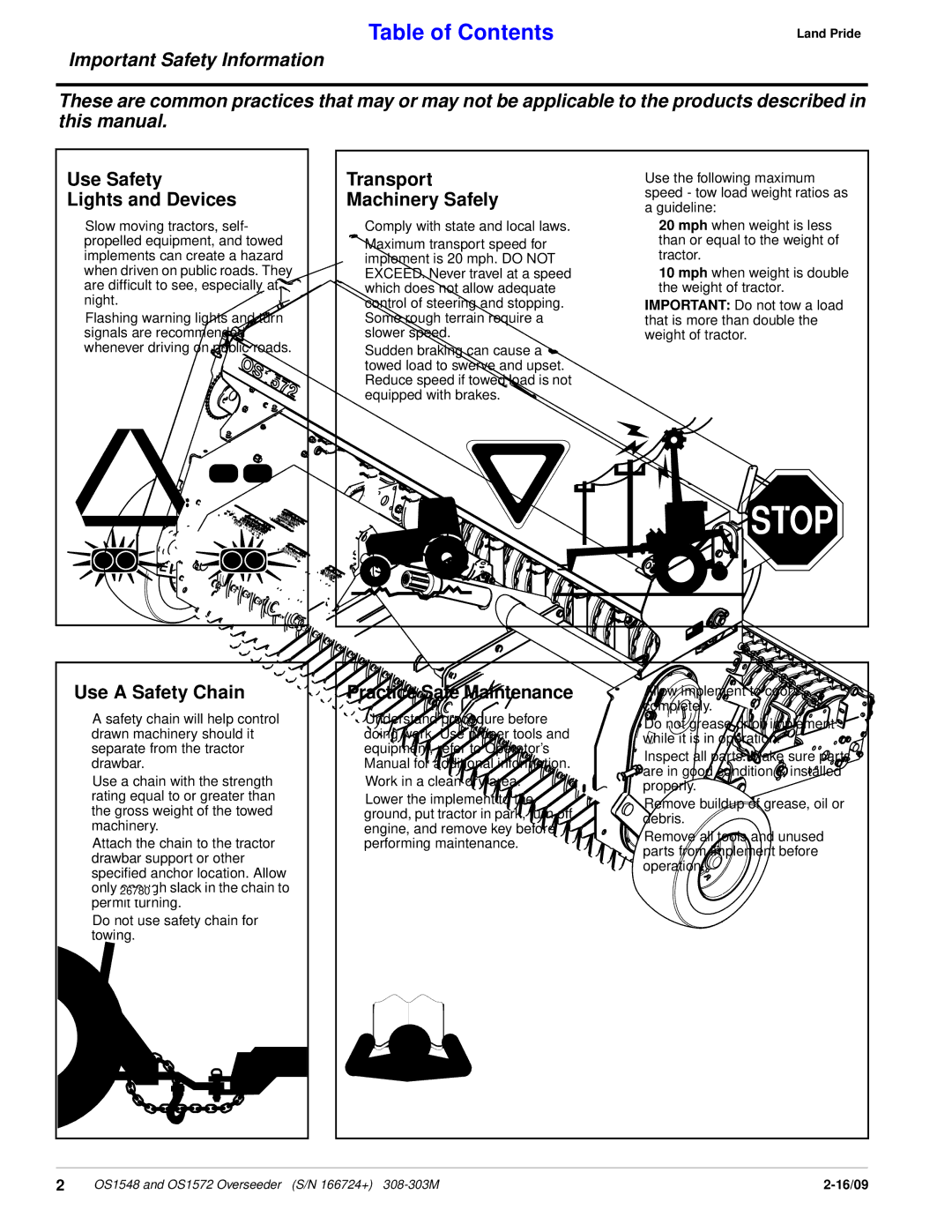 Land Pride OS1548 Use Safety Lights and Devices, Transport Machinery Safely, Use a Safety Chain, Practice Safe Maintenance 