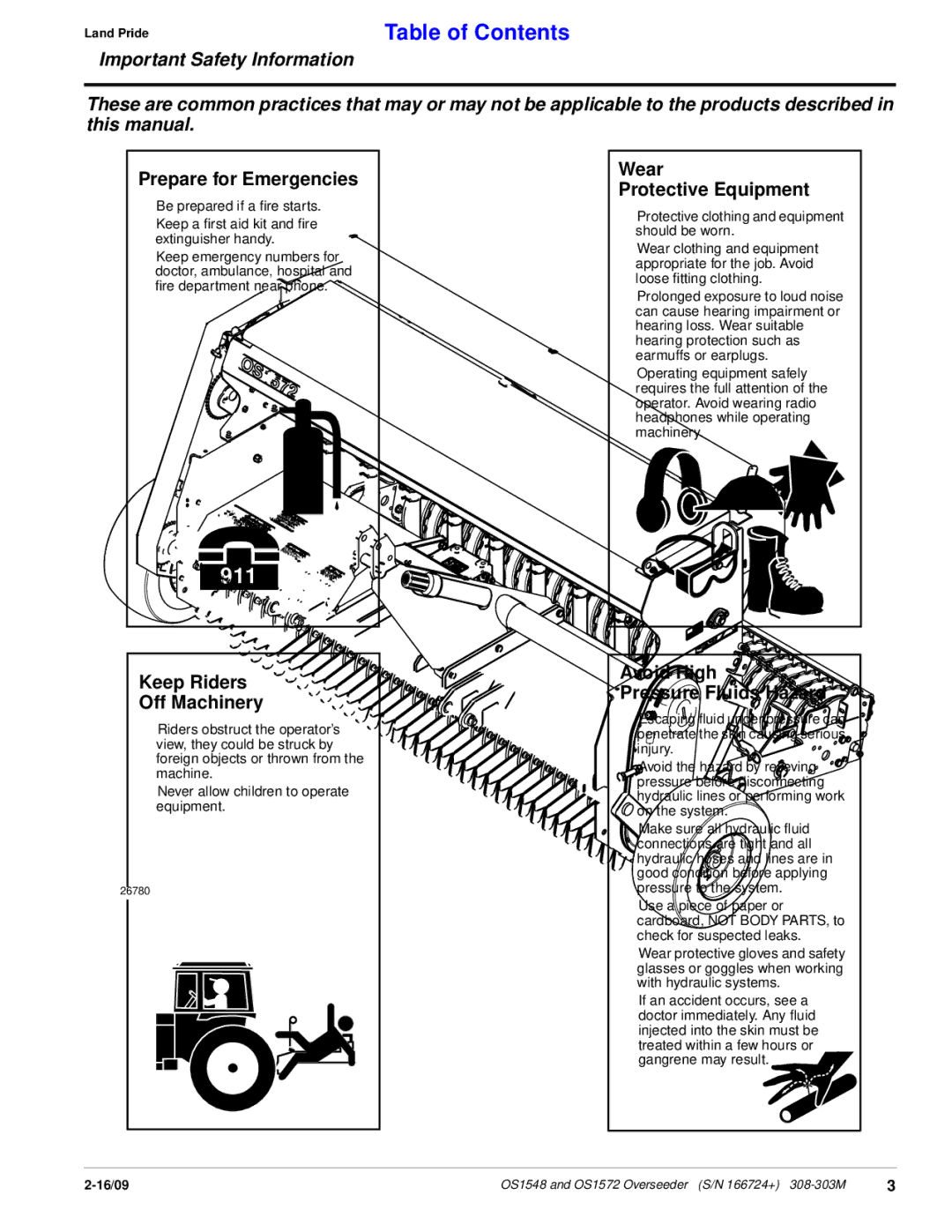 Land Pride OS1572, OS1548 manual Prepare for Emergencies, Wear Protective Equipment, Keep Riders Off Machinery 