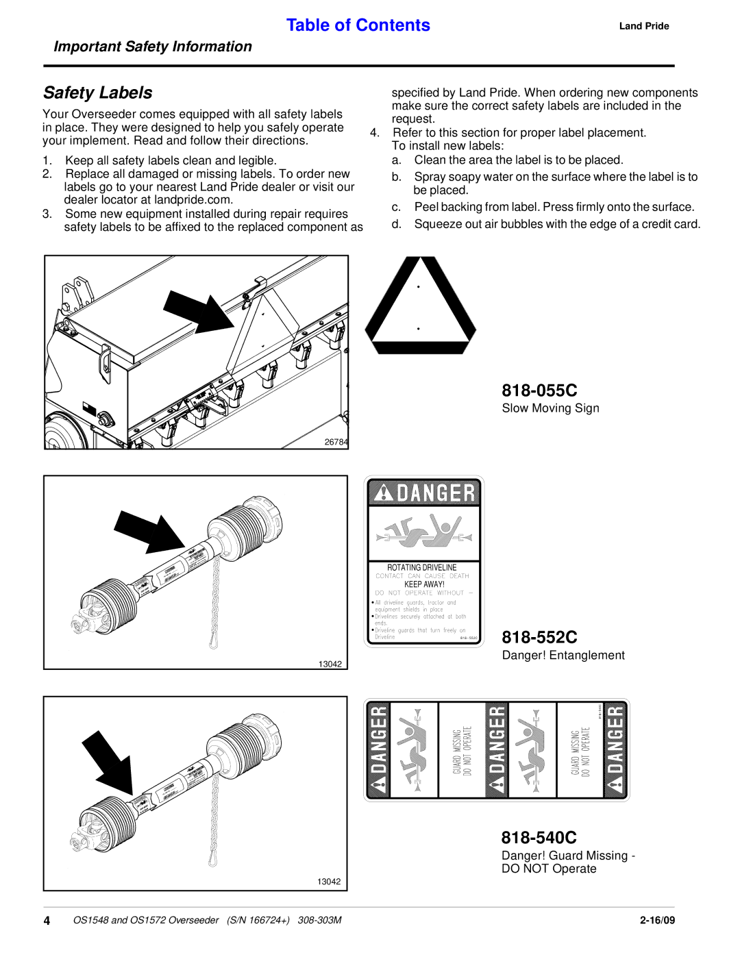 Land Pride OS1548, OS1572 manual 818-055C, 818-552C, 818-540C 