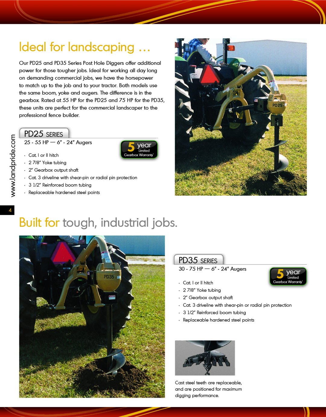 Land Pride warranty Ideal for landscaping …, Built for tough, industrial jobs, PD25 Series, PD35 Series 