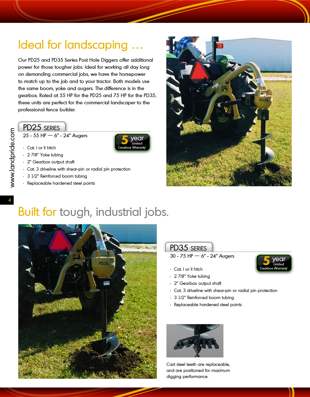 Land Pride warranty Ideal for landscaping …, Built for tough, industrial jobs, PD25 SERIES, PD35 SERIES 