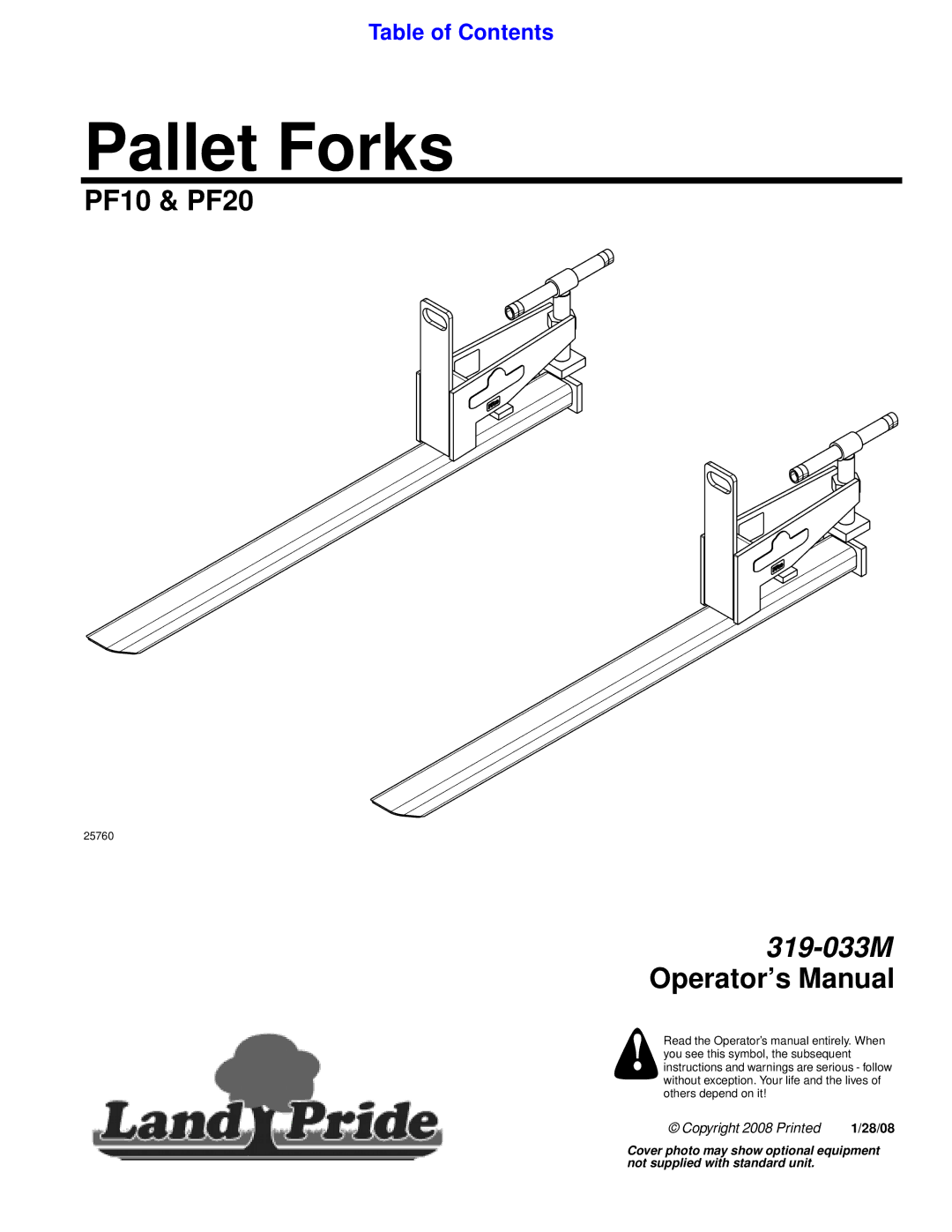 Land Pride PF10, PF20 manual Pallet Forks 