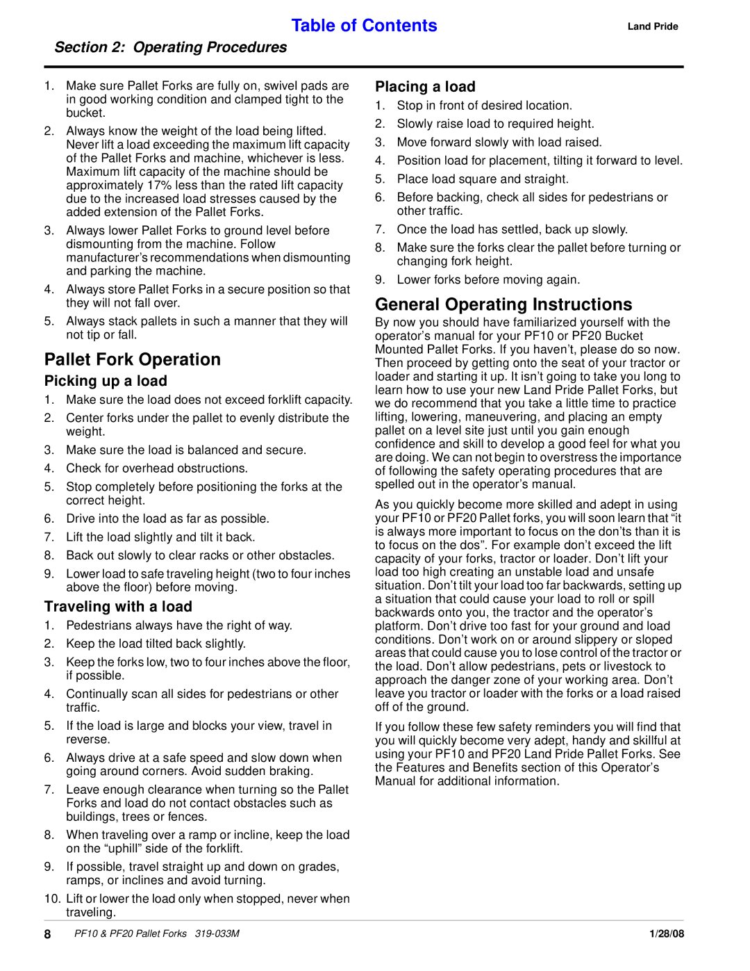 Land Pride PF20, PF10 manual Pallet Fork Operation, General Operating Instructions, Picking up a load, Traveling with a load 