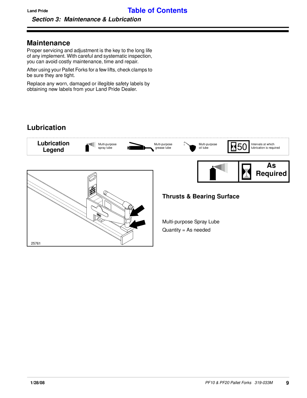 Land Pride PF10, PF20 manual Land PrideTable of Contents 