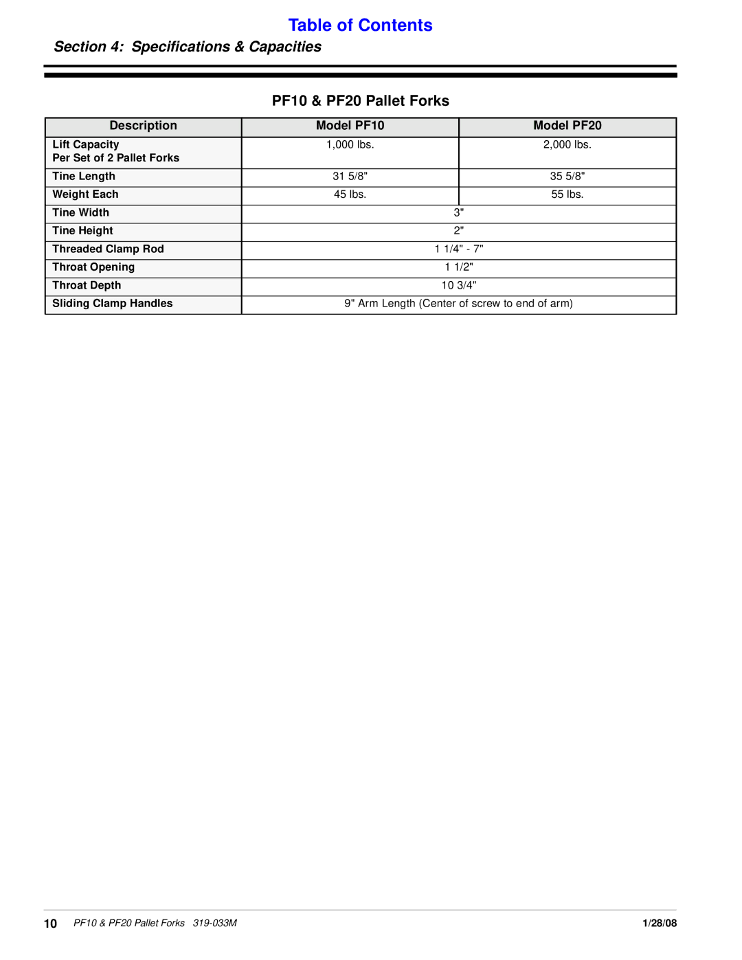 Land Pride manual Speciﬁcations & Capacities, PF10 & PF20 Pallet Forks, Description Model PF10 Model PF20 