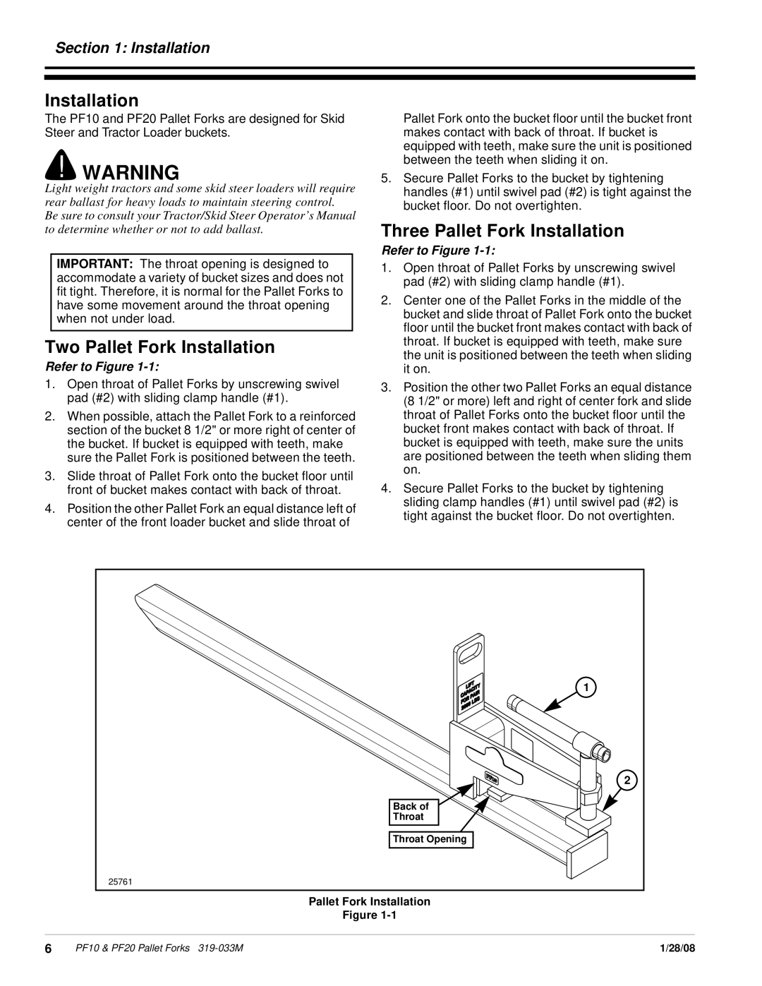 Land Pride PF20, PF10 manual Two Pallet Fork Installation, Three Pallet Fork Installation 