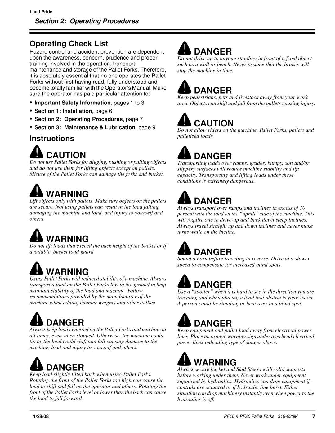 Land Pride PF10, PF20 manual Operating Check List, Instructions, Operating Procedures 