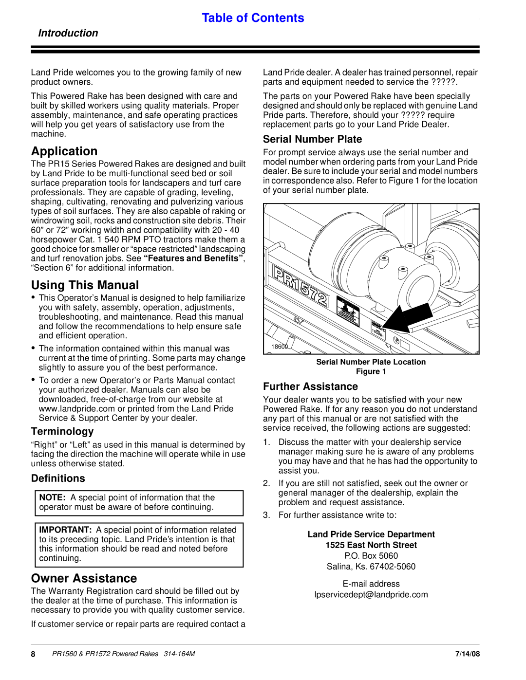 Land Pride PR1560 manual Application, Using This Manual, Owner Assistance, Introduction 