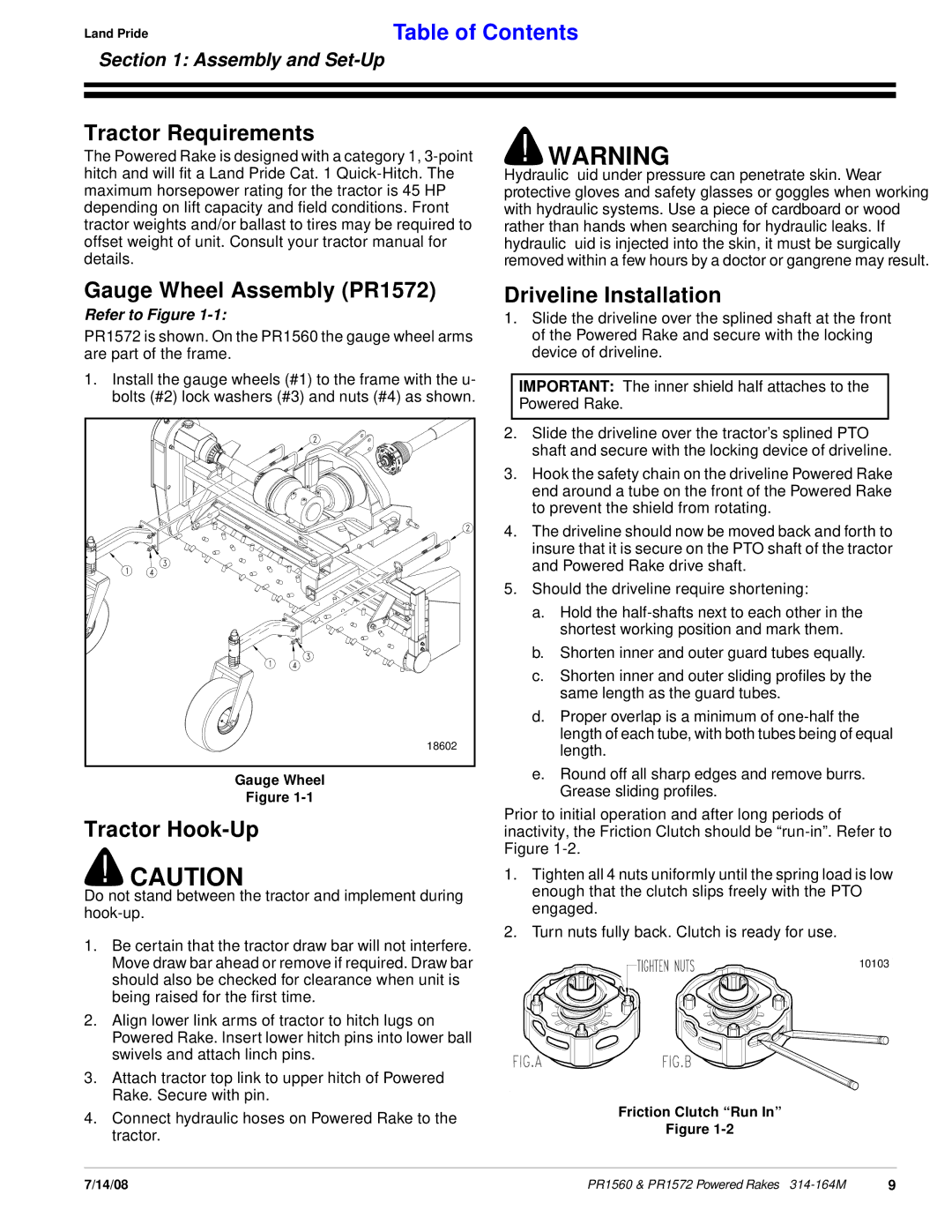 Land Pride PR1560 manual Tractor Requirements, Gauge Wheel Assembly PR1572, Tractor Hook-Up, Driveline Installation 