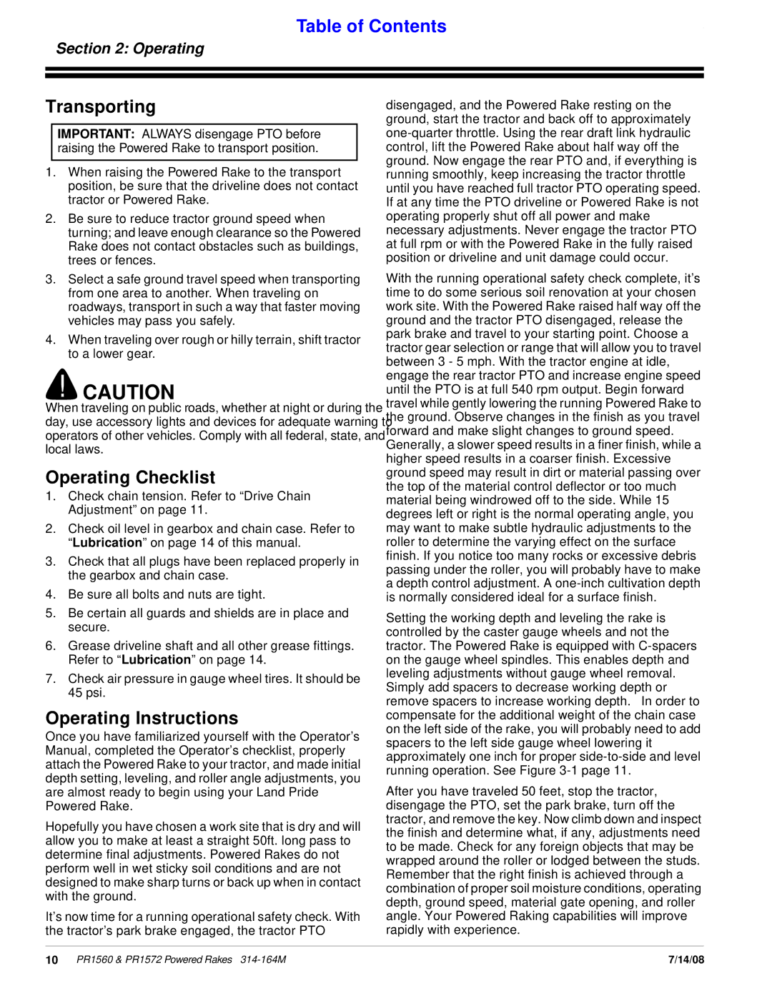 Land Pride PR1560 manual Transporting, Operating Checklist, Operating Instructions 