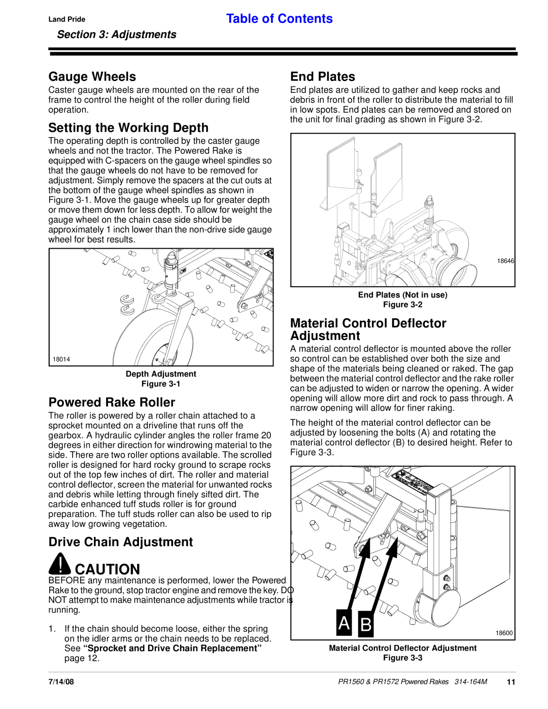 Land Pride PR1560 manual Gauge Wheels, Setting the Working Depth, Powered Rake Roller, Drive Chain Adjustment, End Plates 