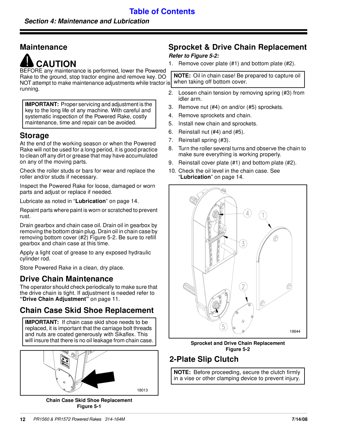 Land Pride PR1560 manual Storage, Drive Chain Maintenance, Chain Case Skid Shoe Replacement, Plate Slip Clutch 