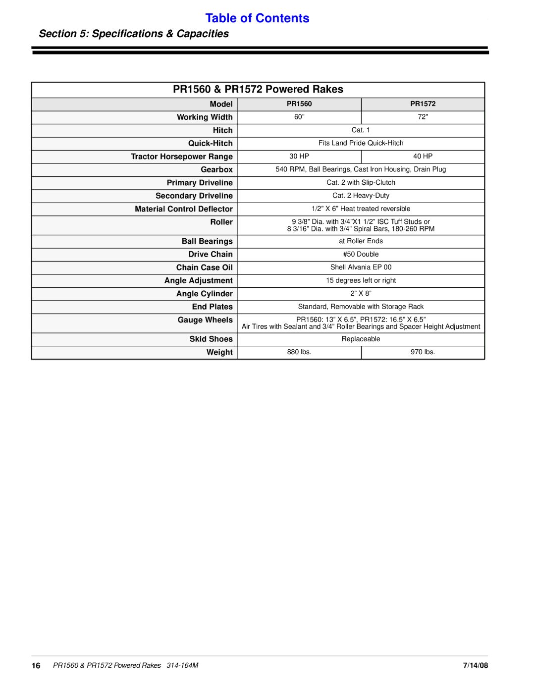 Land Pride manual Speciﬁcations & Capacities, PR1560 & PR1572 Powered Rakes 