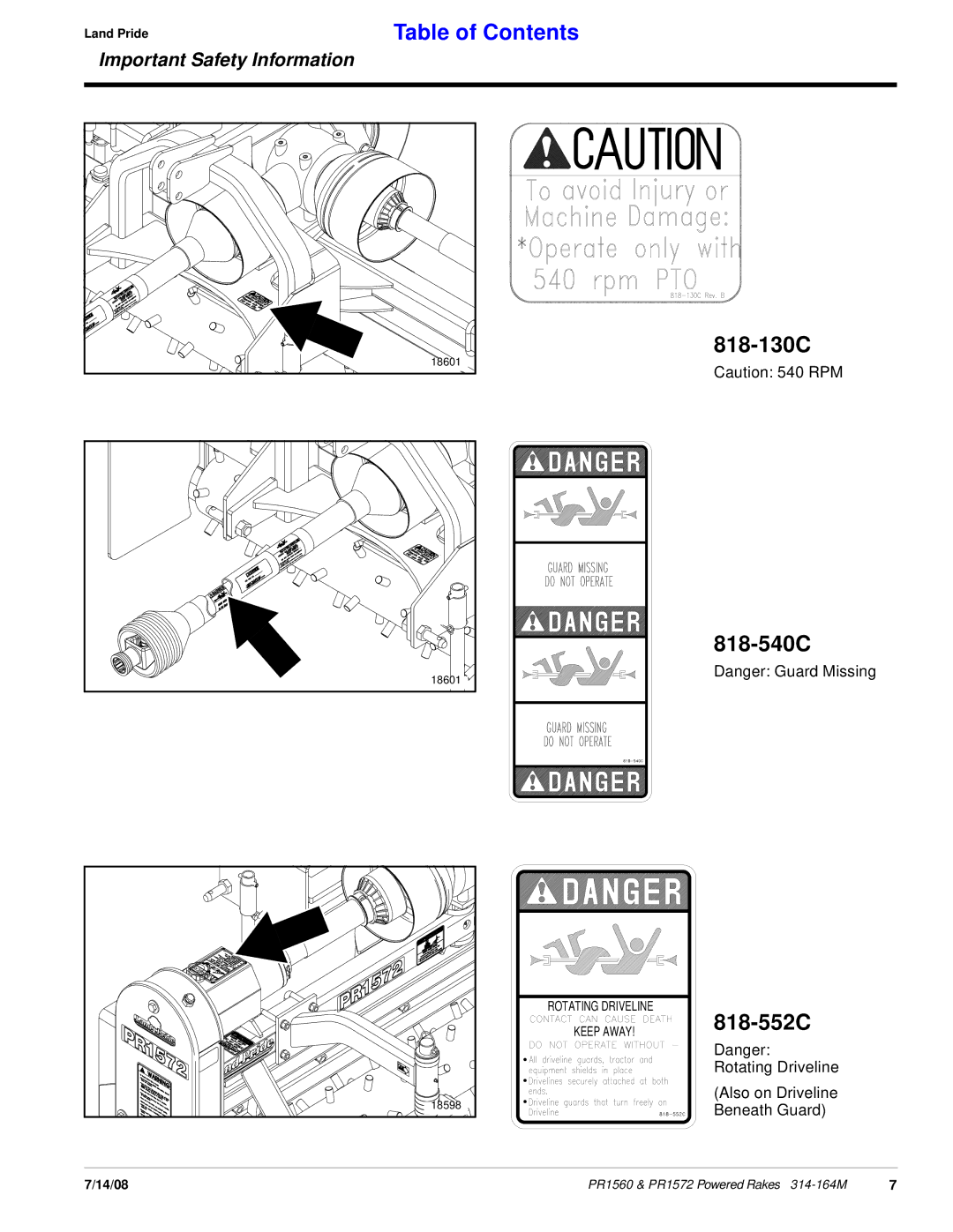 Land Pride PR1560 manual 818-130C, 818-540C, 818-552C 