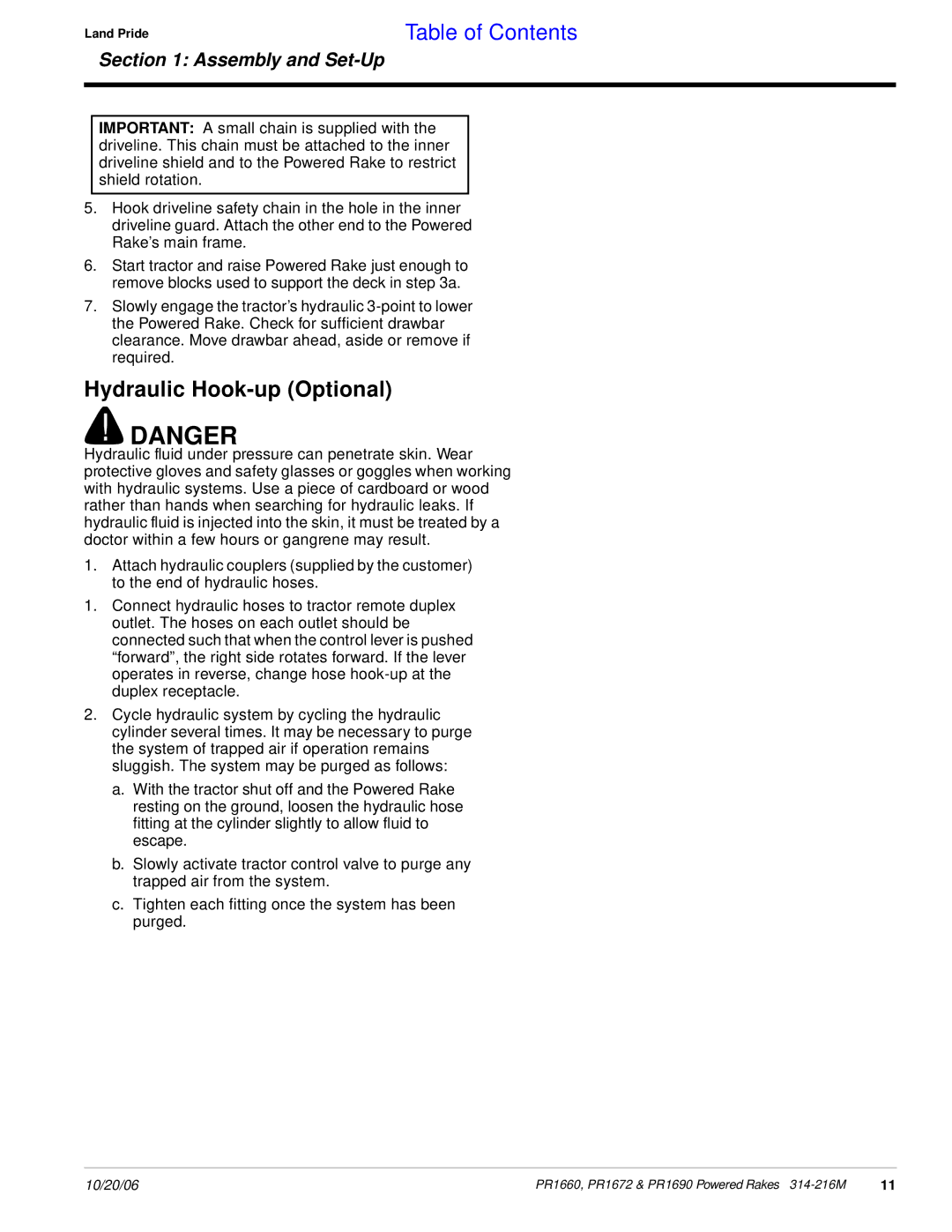 Land Pride PR1672 manual Hydraulic Hook-up Optional 