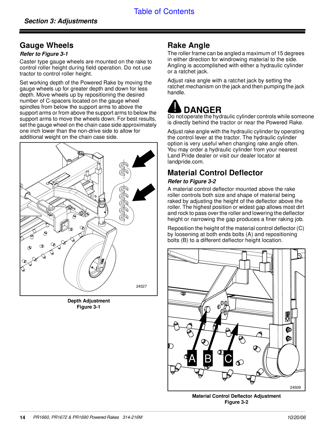 Land Pride PR1672 manual Gauge Wheels, Rake Angle, Material Control Deflector, Adjustments 