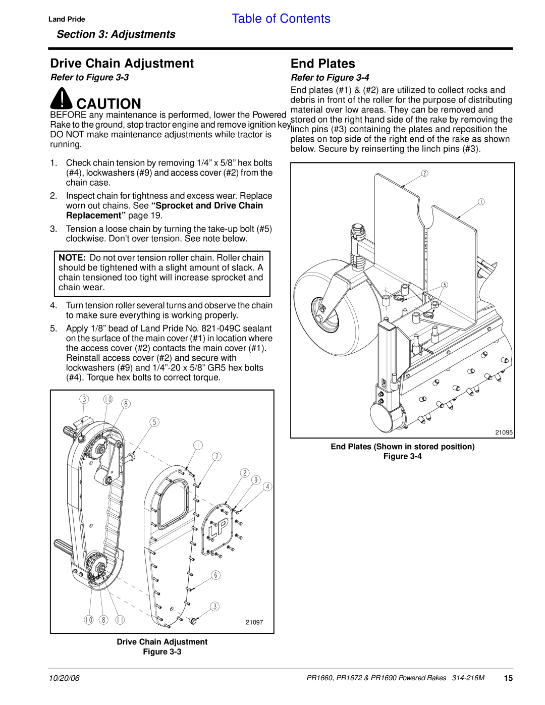 Land Pride PR1672 manual Drive Chain Adjustment, End Plates 