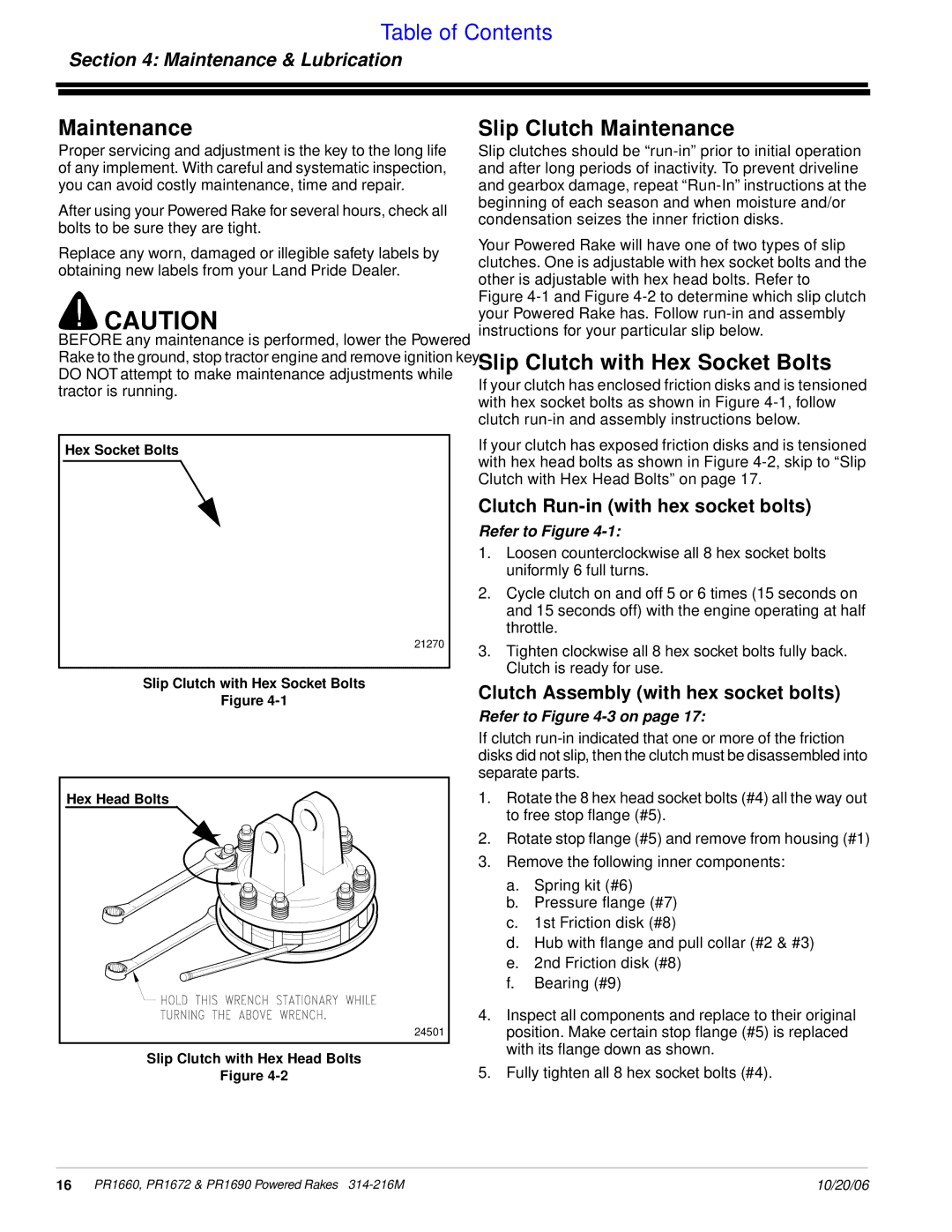 Land Pride PR1672 manual Slip Clutch Maintenance, Slip Clutch with Hex Socket Bolts, Maintenance & Lubrication 