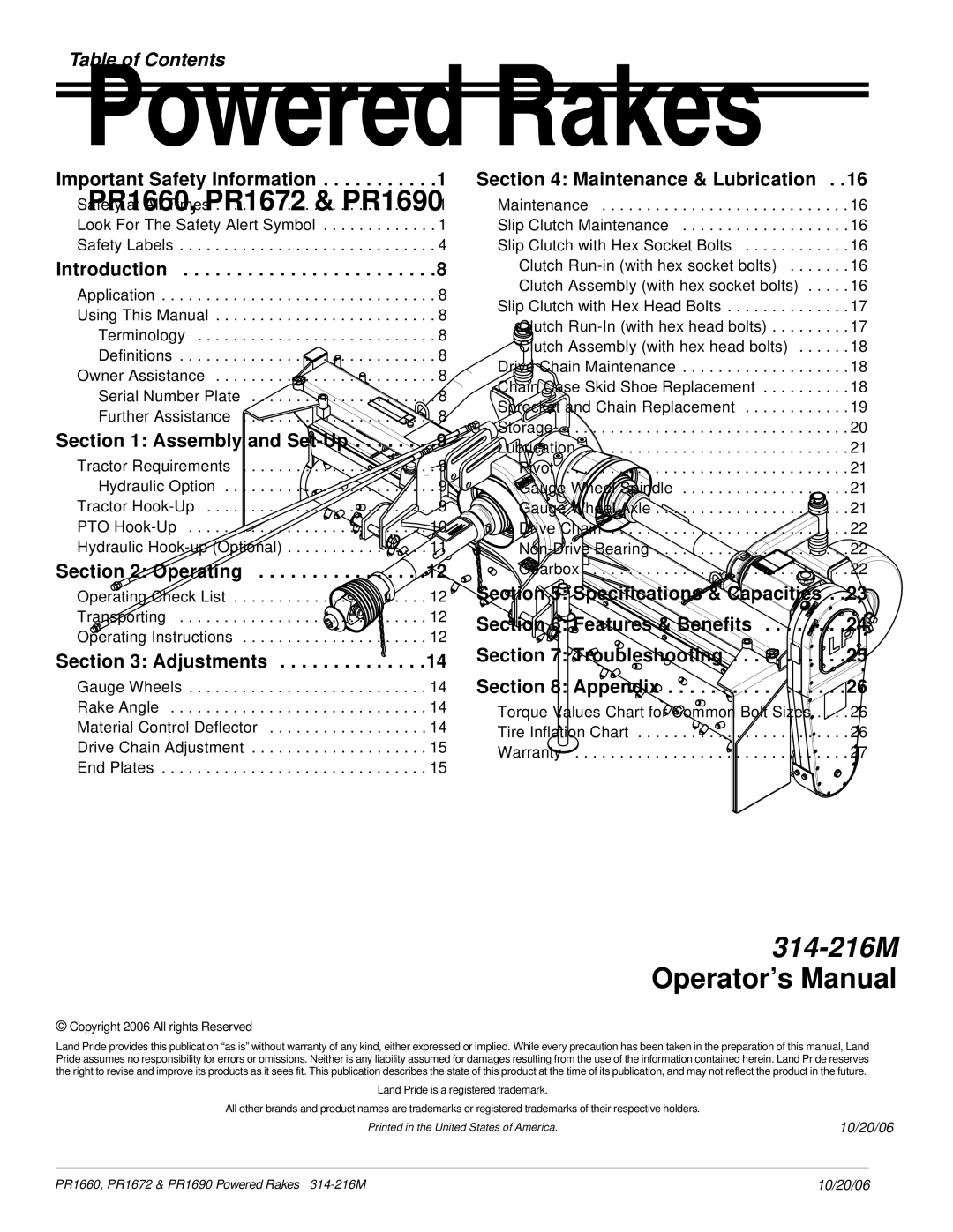 Land Pride PR1672 manual Table of Contents 