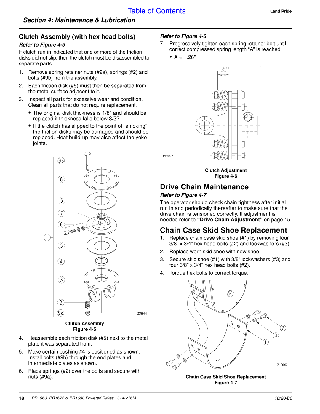 Land Pride PR1672 manual Drive Chain Maintenance, Chain Case Skid Shoe Replacement, Clutch Assembly with hex head bolts 