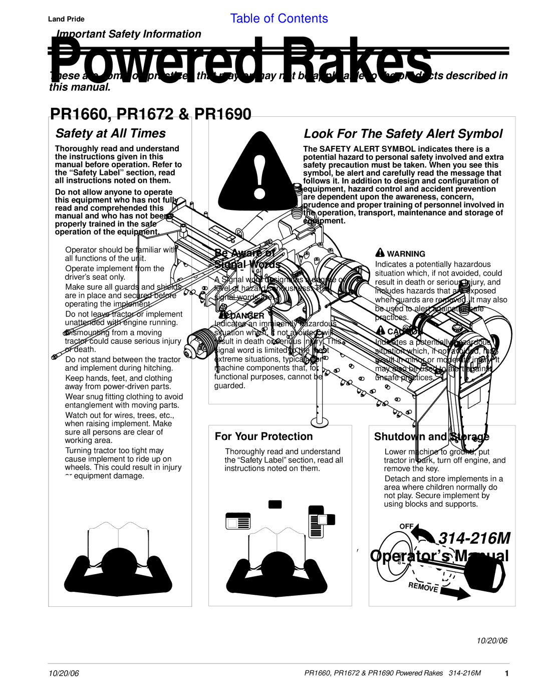 Land Pride PR1672 manual Important Safety Information, Be Aware Signal Words, For Your Protection, Shutdown and Storage 