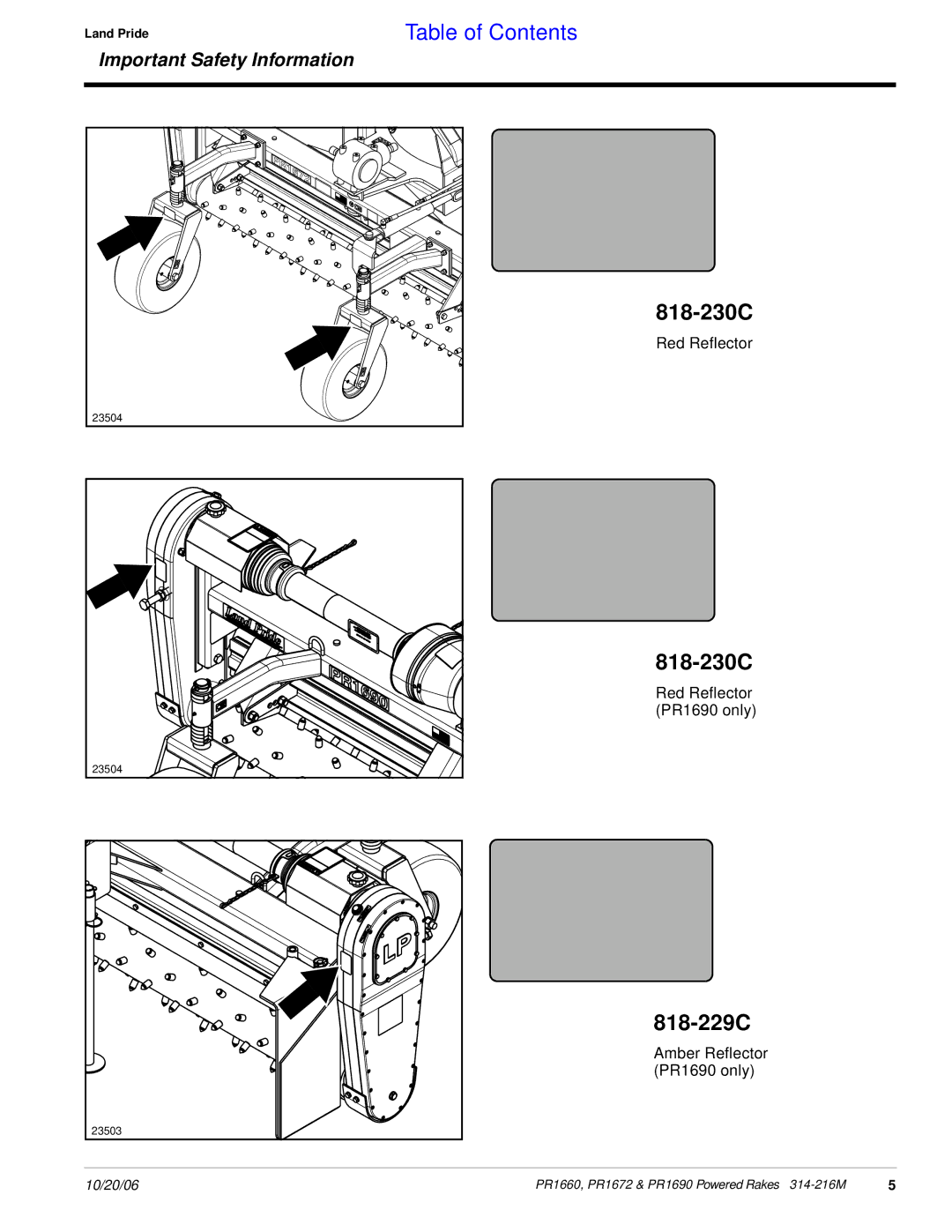 Land Pride PR1672 manual 818-230C, 818-229C 