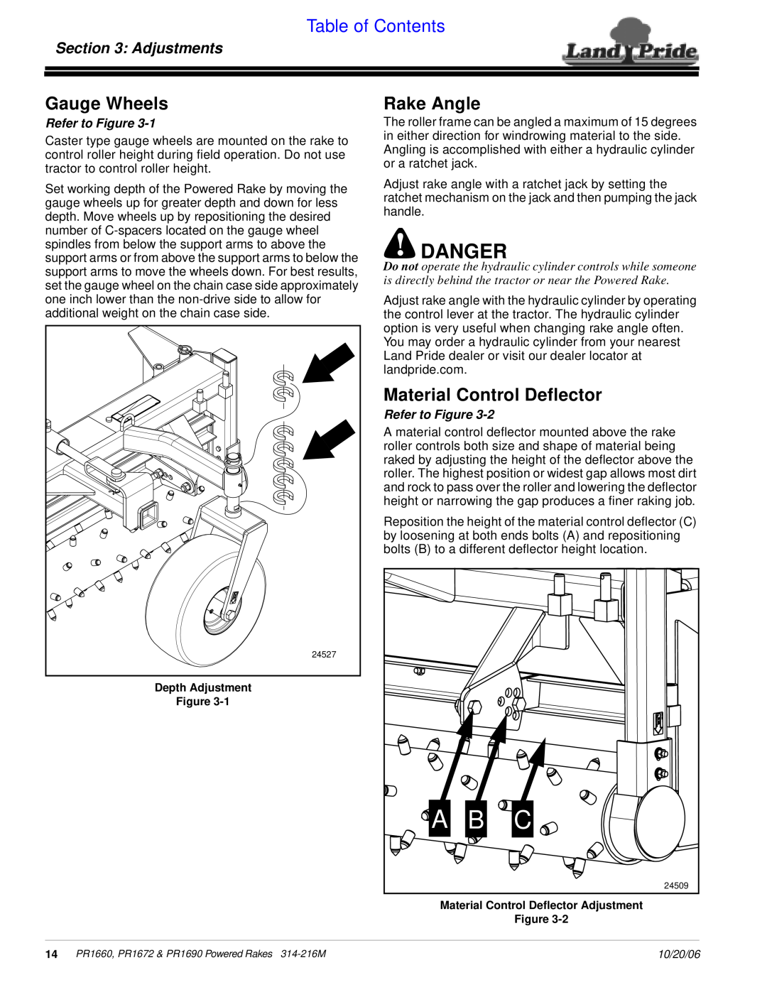 Land Pride PR1672 manual Gauge Wheels, Rake Angle, Material Control Deflector, Adjustments, Danger, Table of Contents 