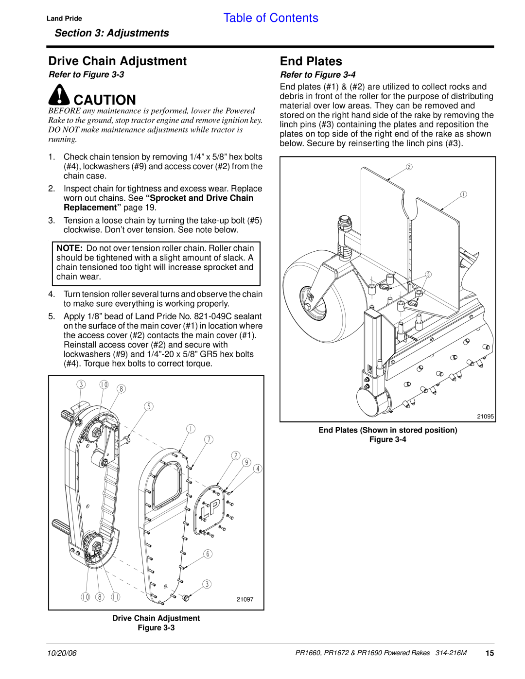 Land Pride PR1672 manual Drive Chain Adjustment, End Plates, Table of Contents, Adjustments, Refer to Figure 