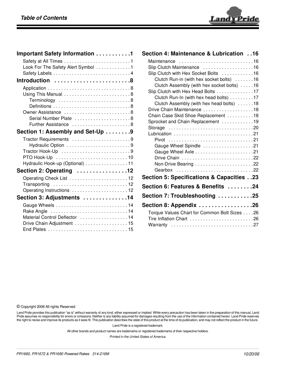 Land Pride PR1672 manual Table of Contents 
