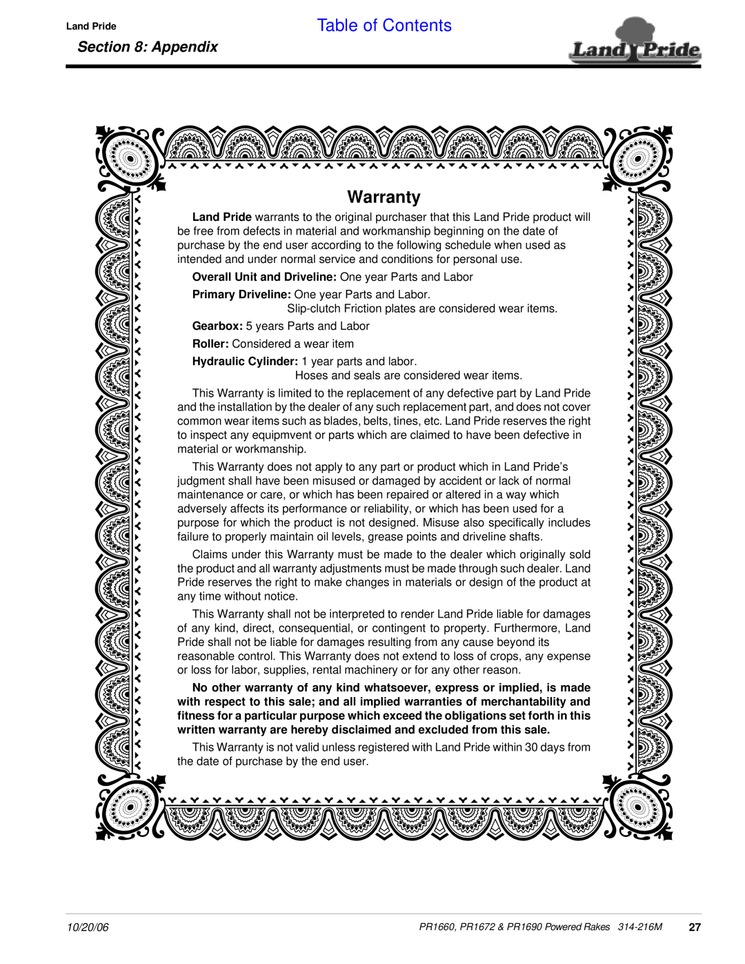 Land Pride PR1672 manual Warranty, Table of Contents, Appendix 