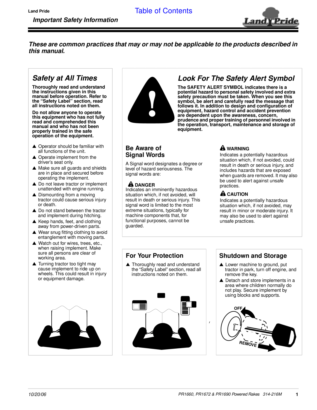 Land Pride PR1672 Safety at All Times, Look For The Safety Alert Symbol, Important Safety Information, Table of Contents 