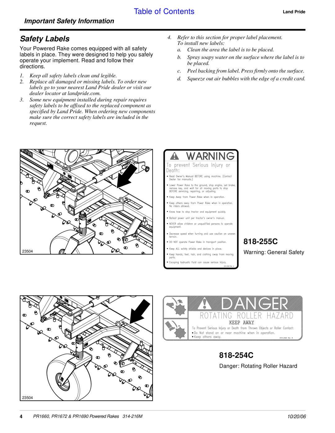 Land Pride PR1672 manual Safety Labels, 818-255C, 818-254C, Table of Contents, Important Safety Information, Keep Away 