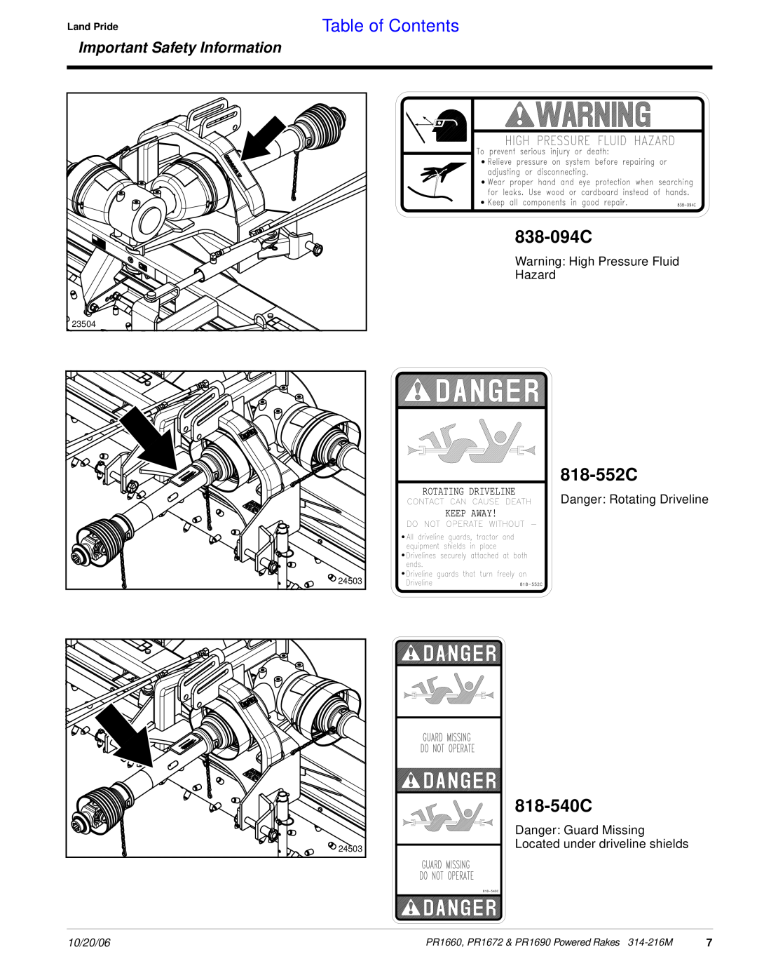 Land Pride PR1672 838-094C, 818-540C, Table of Contents, 818-552C, Important Safety Information, Rotating Driveline, 23504 