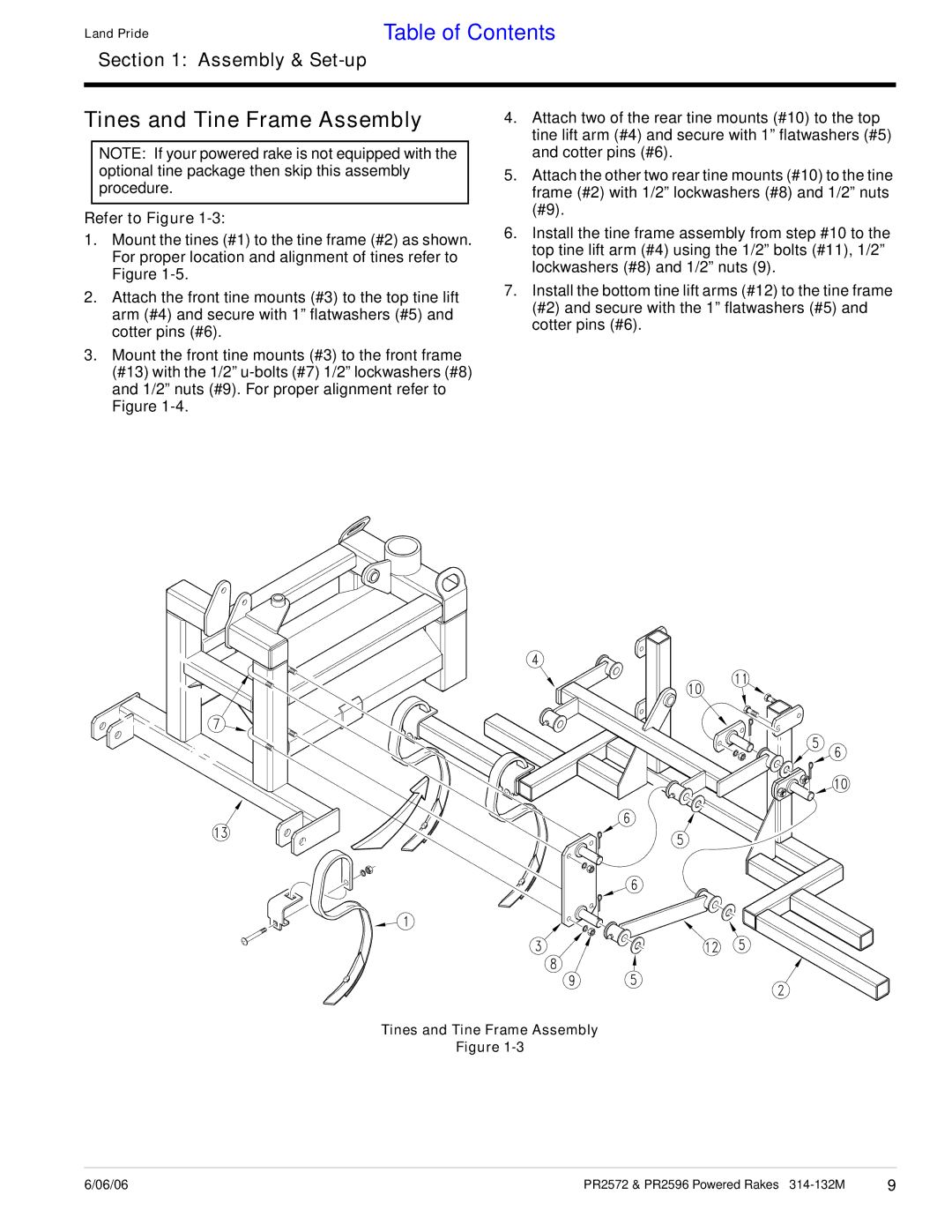 Land Pride PR2572, PR2596 manual Tines and Tine Frame Assembly 