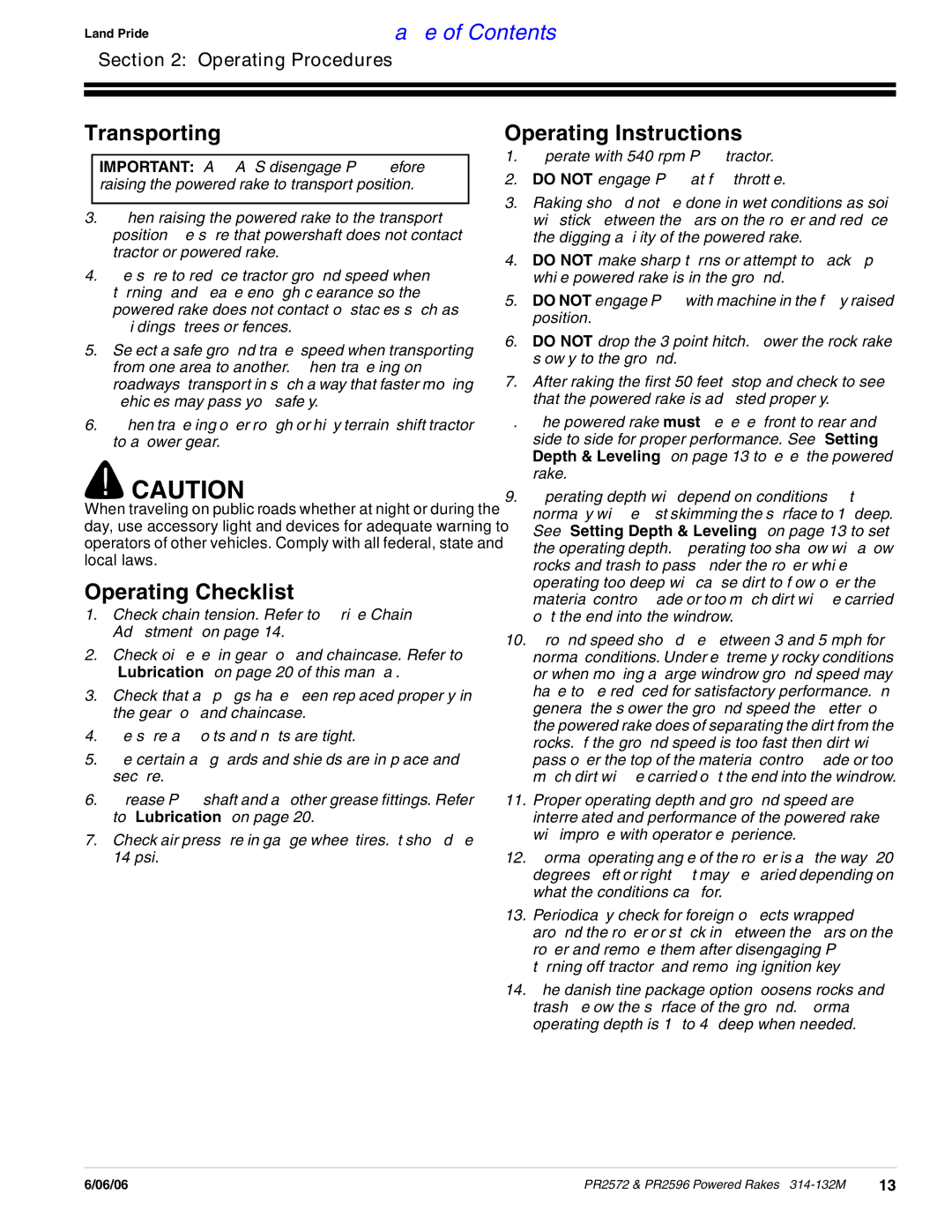 Land Pride PR2572, PR2596 manual Transporting, Operating Checklist, Operating Instructions 