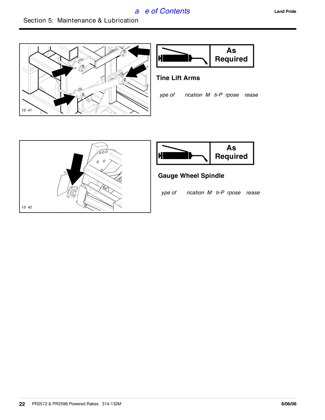 Land Pride PR2596, PR2572 manual Tine Lift Arms 