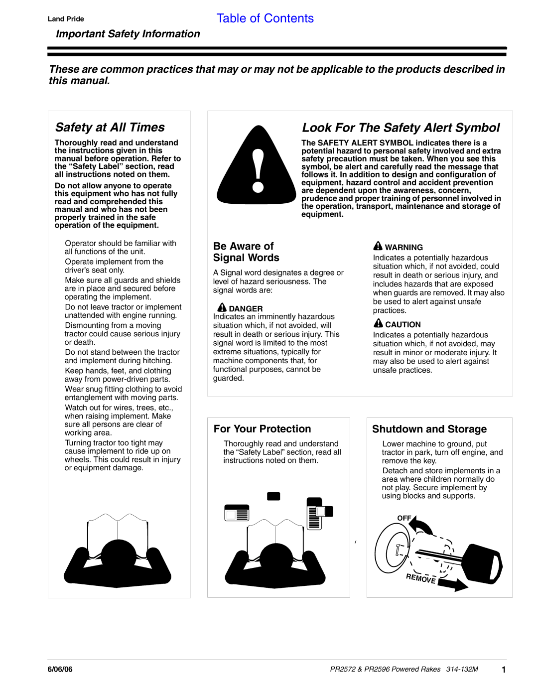 Land Pride PR2572, PR2596 manual Safety at All Times 