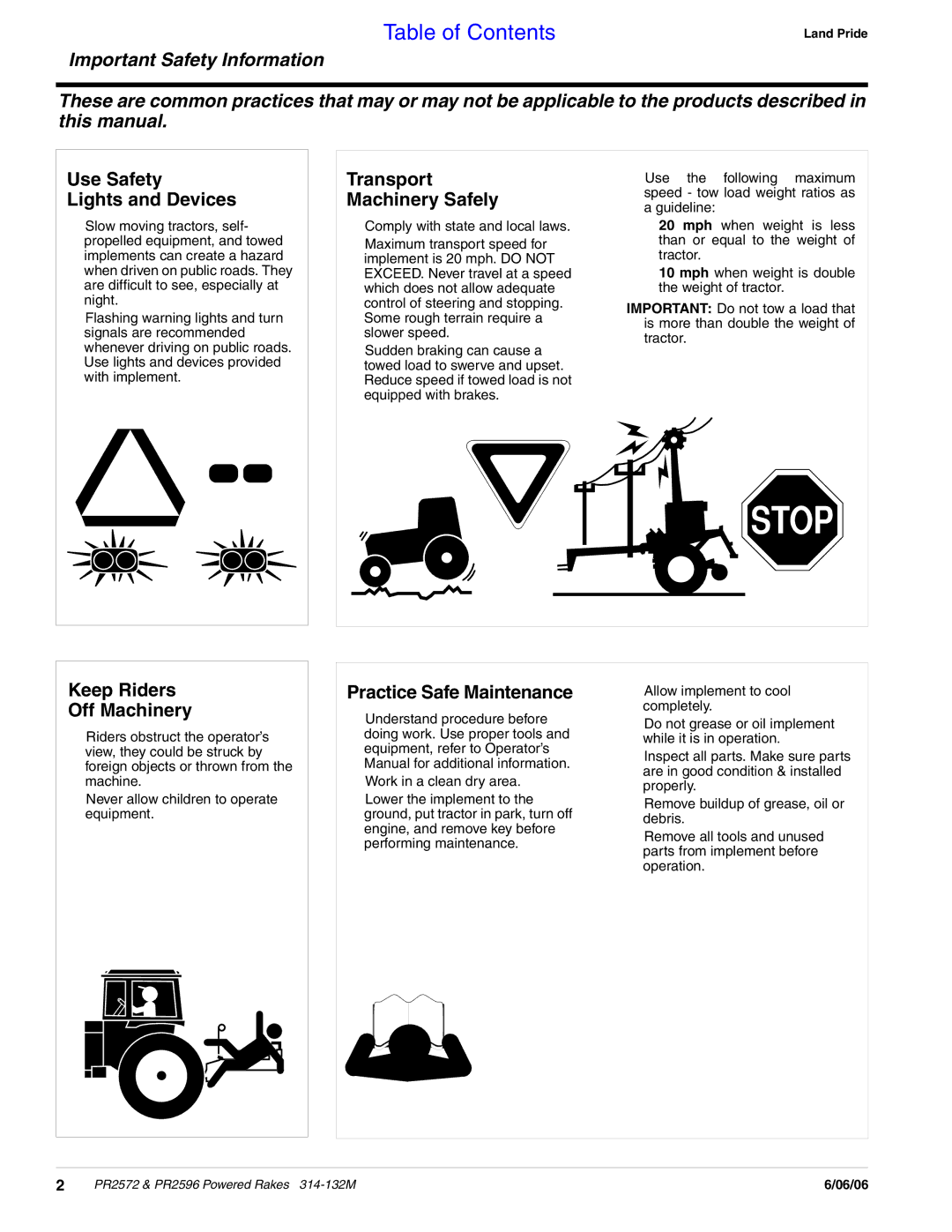 Land Pride PR2596, PR2572 manual Use Safety Lights and Devices, Transport Machinery Safely, Keep Riders Off Machinery 