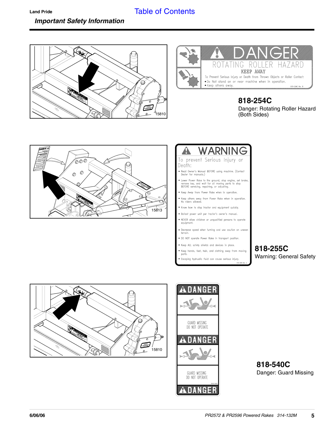 Land Pride PR2572, PR2596 manual 818-254C, 818-255C 818-540C 