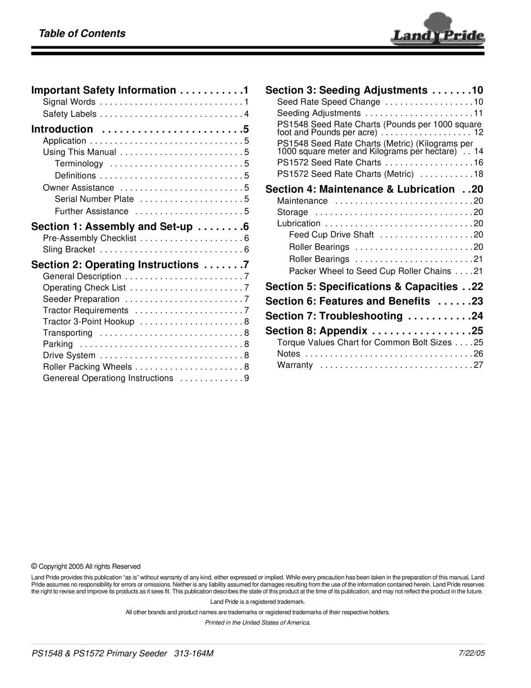 Land Pride PS1548 Table of Contents, Important Safety Information, Introduction, Assembly and Set-up, Seeding Adjustments 