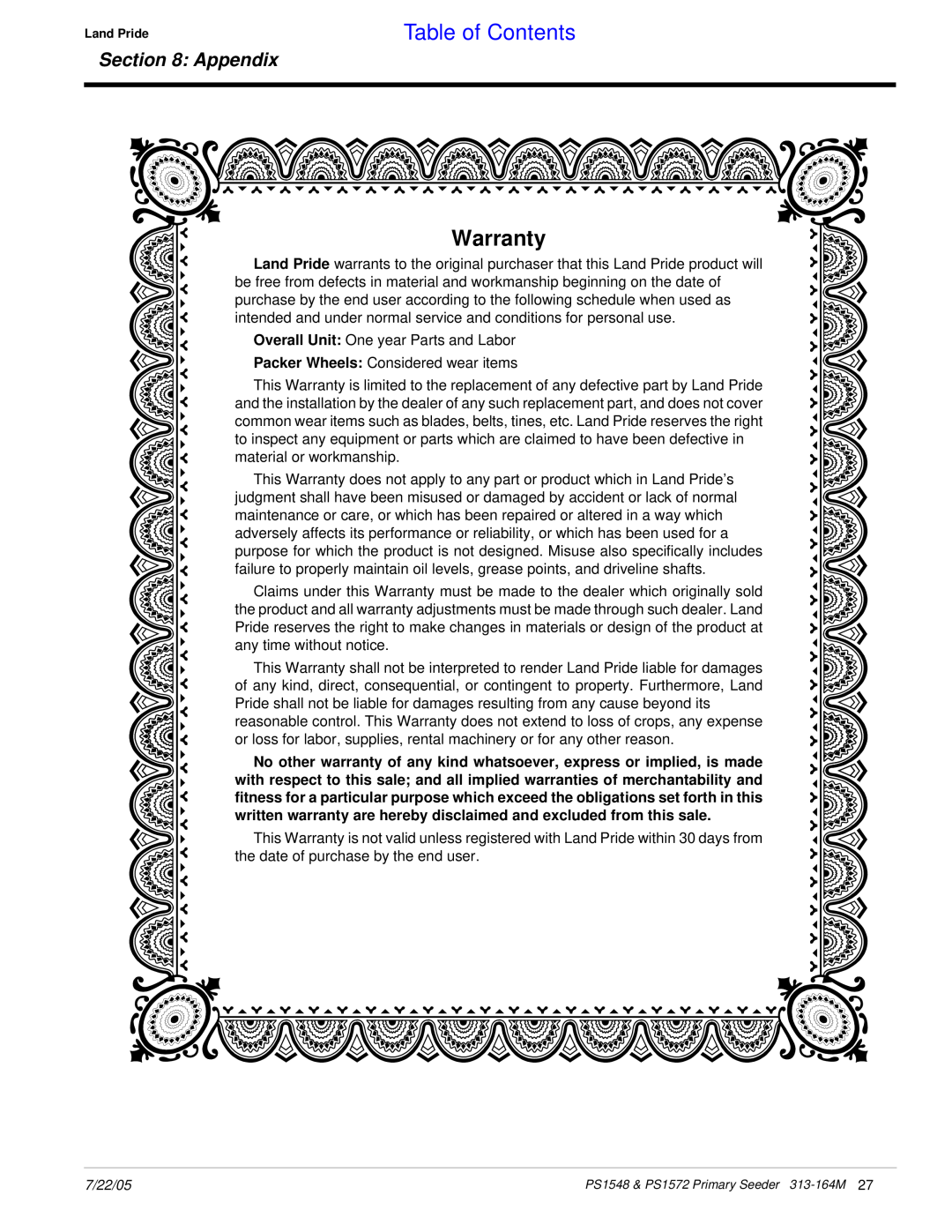 Land Pride PS1572, PS1548 manual Warranty, Table of Contents, Appendix 