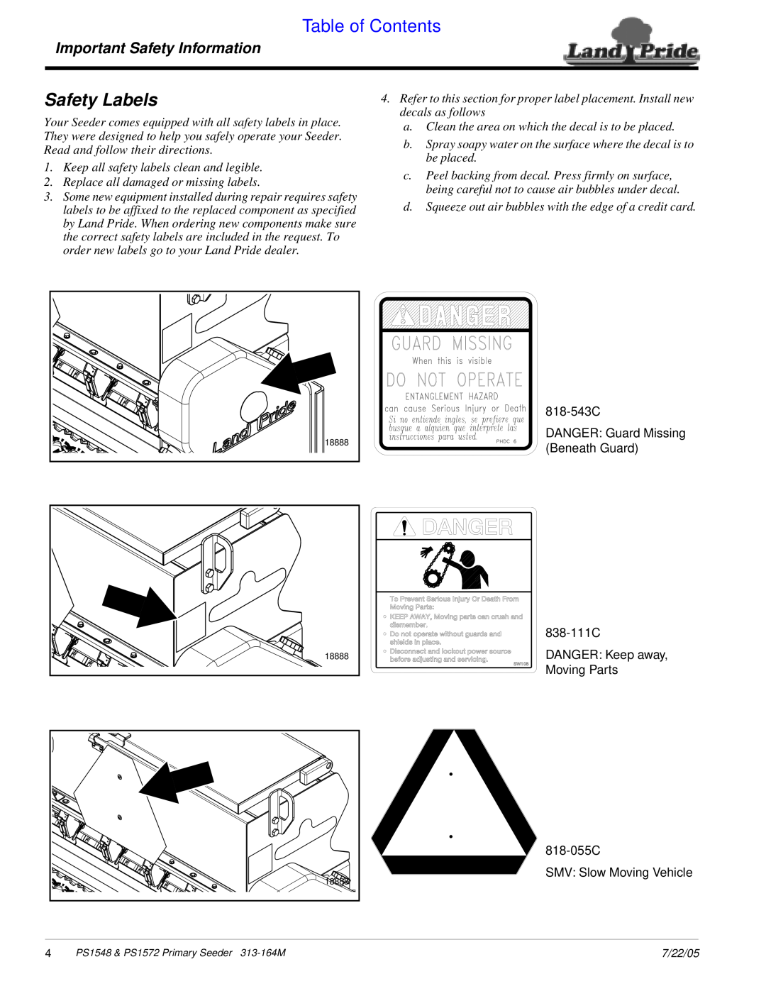 Land Pride PS1548 manual Safety Labels, 818-055C, SMV Slow Moving Vehicle, Table of Contents, Important Safety Information 